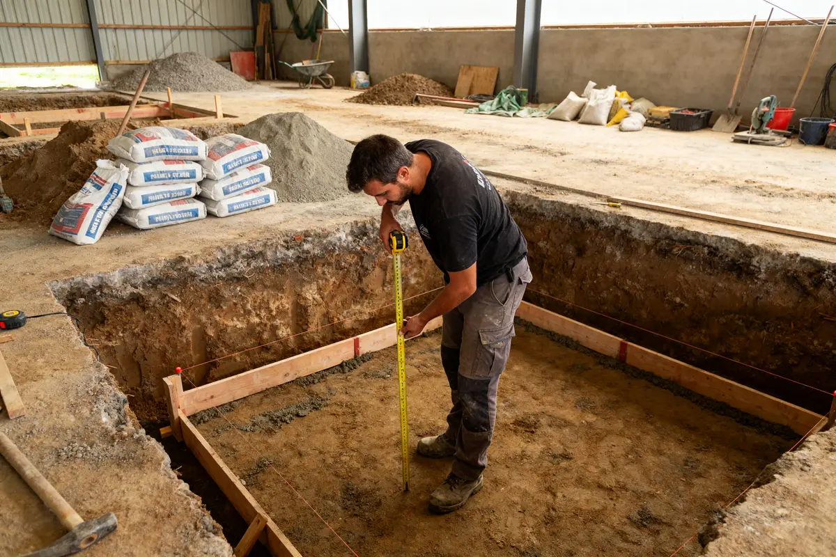 Homme mesurant une tranchée de construction pour calcul m3 beton avec ruban à mesurer
