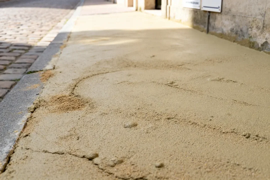 Chape maigre en ciment sur un trottoir près d'une rue pavée ensoleillée