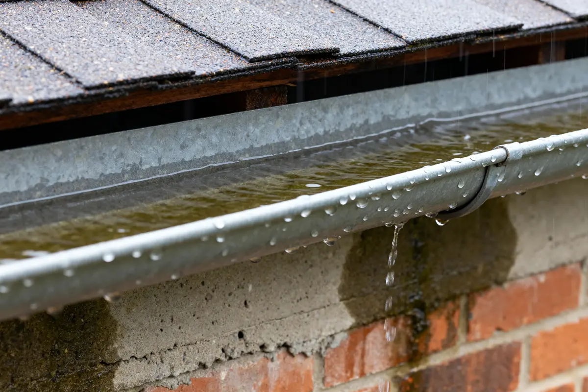 Chéneau toiture en métal collectant l'eau de pluie sur une maison en briques