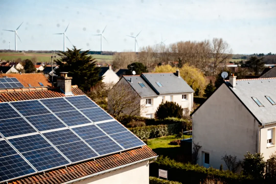 Maisons avec panneaux solaires et éoliennes à l'horizon produisant une co valence énergie renouvelable
