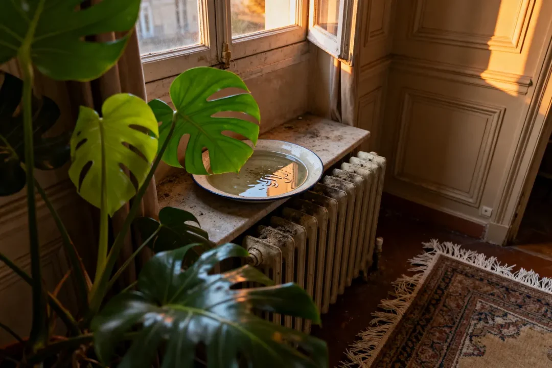 Plante verte devant fenêtre ouverte, assiette d'eau posée sur radiateur, lumière du soleil couchant.