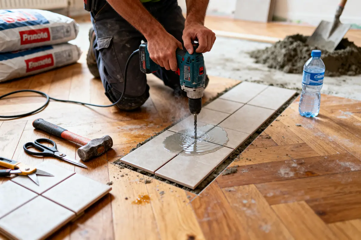 Personne perce des carreaux de céramique avec perceuse, entourée d'outils et de matériaux de construction.