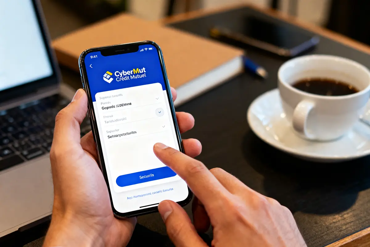 Personne effectuant un paiement sans contact avec un smartphone sur un terminal de paiement Cybermut dans un café.