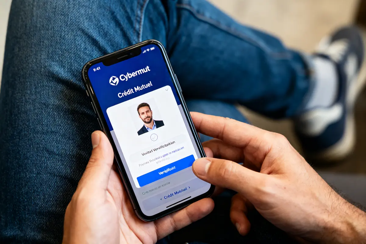 Personne utilisant une application Cybertmut Crédit Mutuel sur smartphone pour vérifier l'identification.
