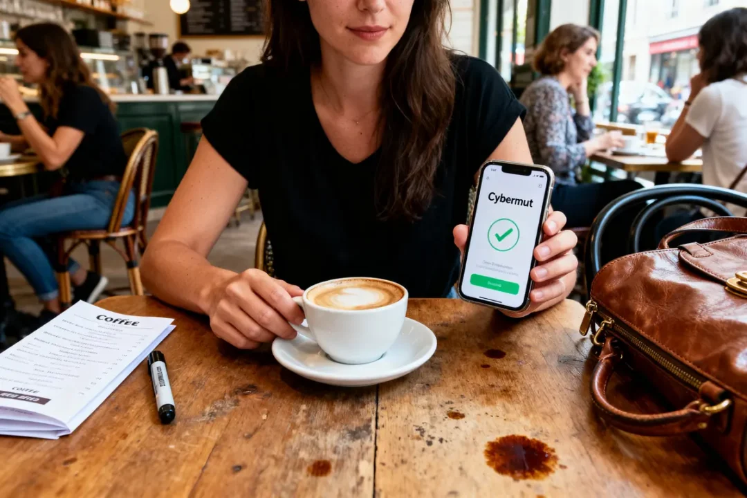 Femme dans un café tenant un téléphone avec application bancaire Cybermut, devant un cappuccino.