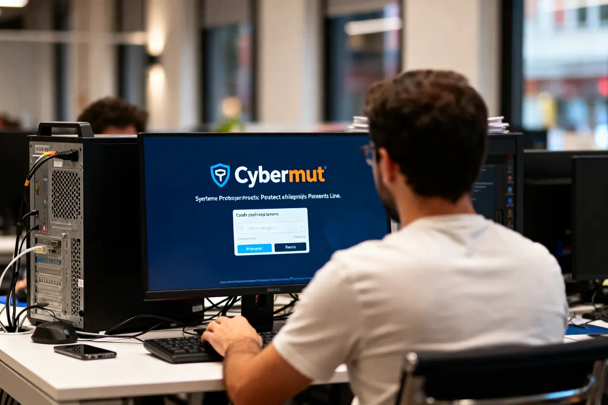 Personne tenant un smartphone affichant un code-barres avec application Cybersécurité "Cybermut". Arrière-plan flou extérieur.