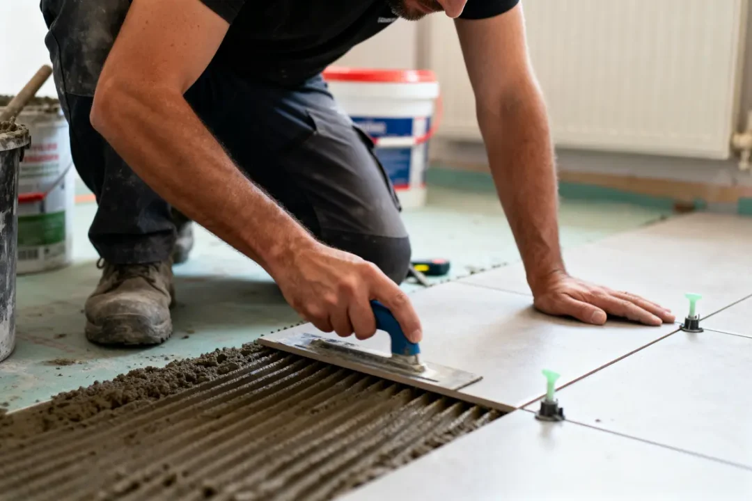 Homme posant du carrelage au sol avec une truelle et du mortier dans une pièce en rénovation.