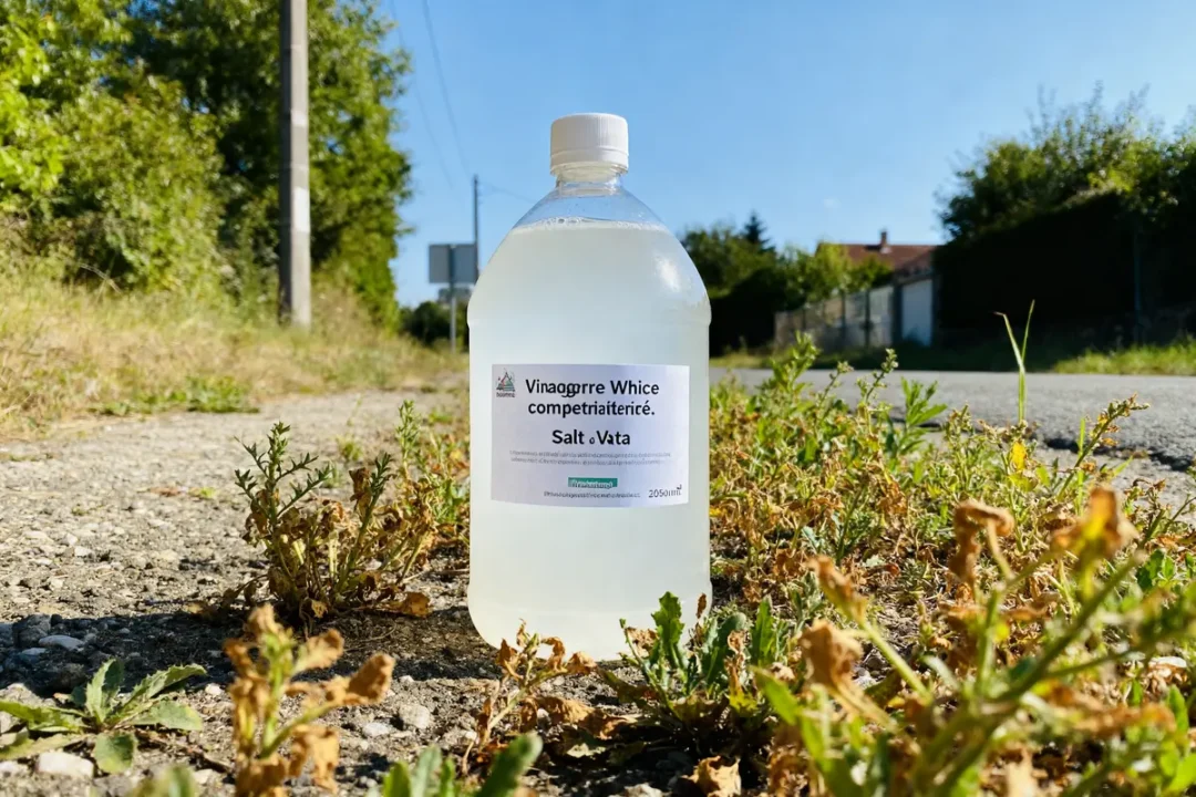 Bouteille de désherbant naturel posée sur un sol asphalté avec des mauvaises herbes vertes