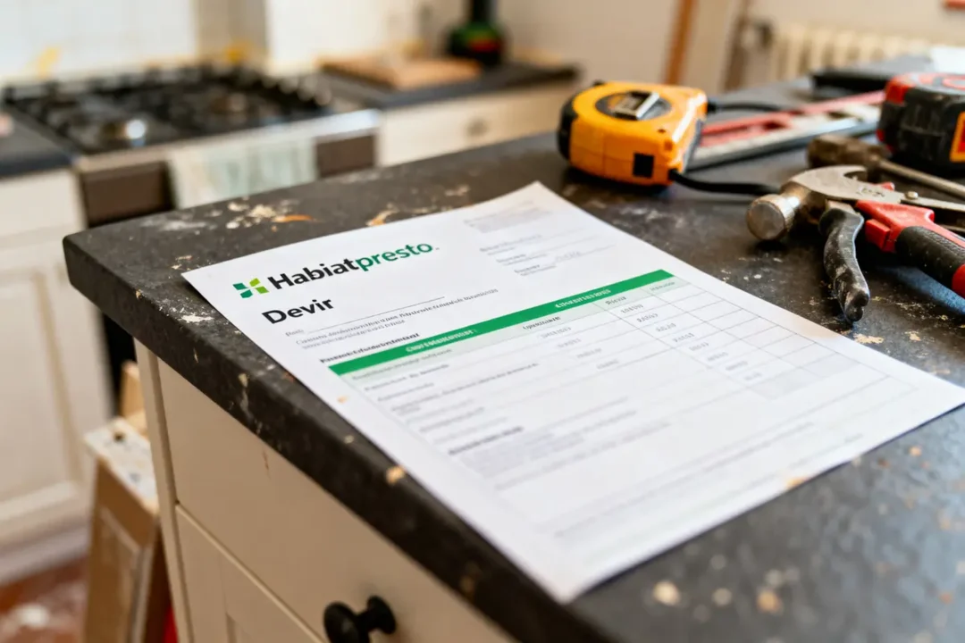Document "HabitatPresto" sur un plan de travail avec outils de bricolage dans une cuisine.
