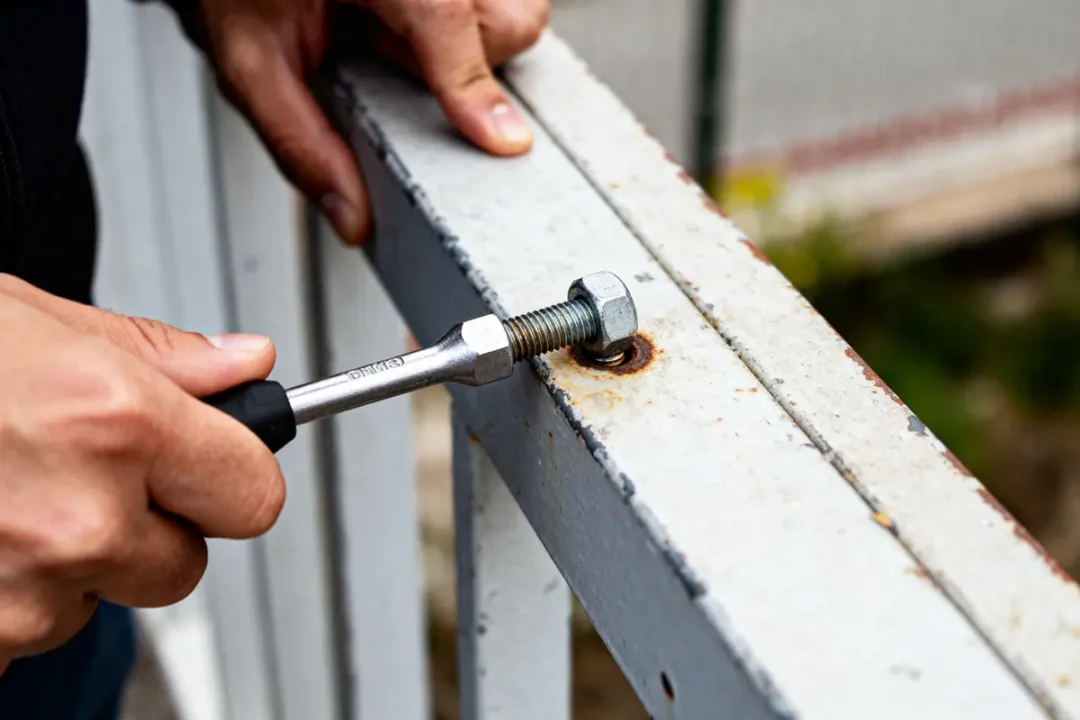 Main dévissant un boulon rouillé sur une rambarde métallique avec une clé
