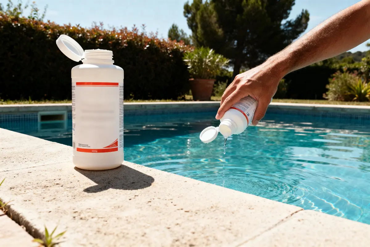 Main versant produit dans piscine illustrant dosage chlore choc piscine par m3.