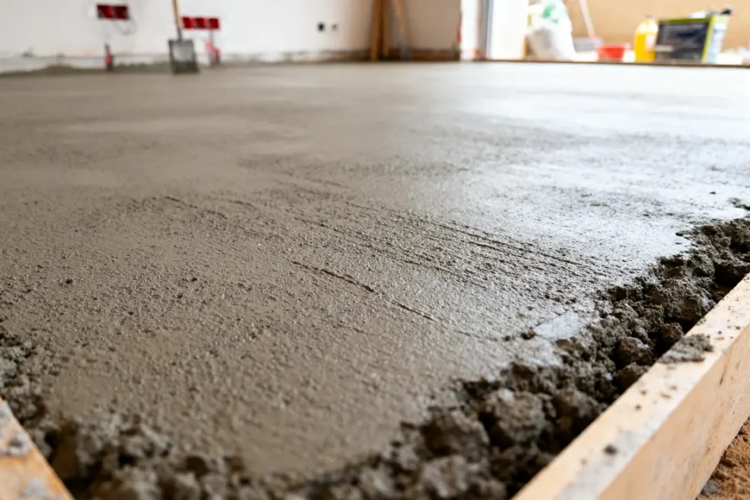 Surface fraßchement coulée illustrant le dosage pour une chape de 5 cm en intérieur