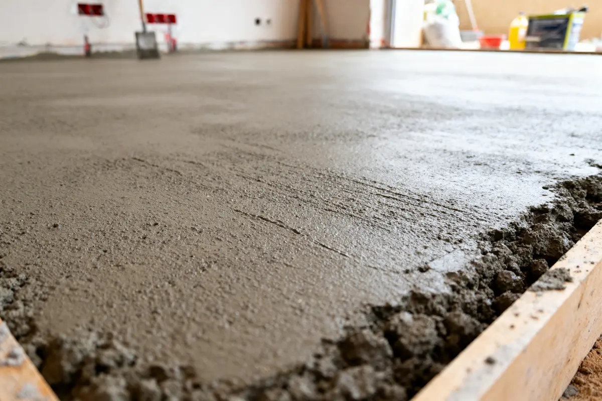 Surface fraîchement coulée illustrant le dosage pour une chape de 5 cm en intérieur