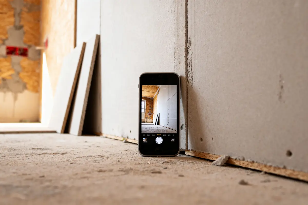 Un smartphone capture l'épaisseur cloison placo et les détails d'un mur en construction