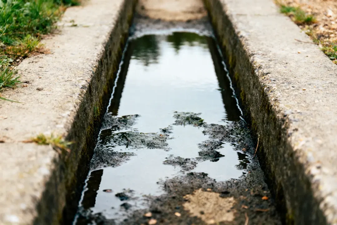 Canal étroit reflétant le ciel, bordé d'herbe et de béton.