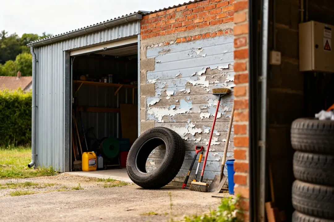 Garage avec extension en tôle, outils, pneus et mur partiellement peint