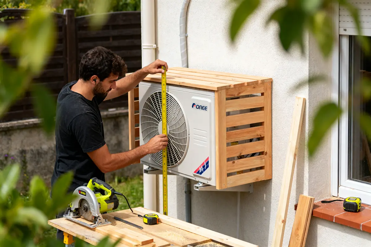 Un homme mesure un climatiseur extérieur avec un mètre, près de planches en bois et une scie.