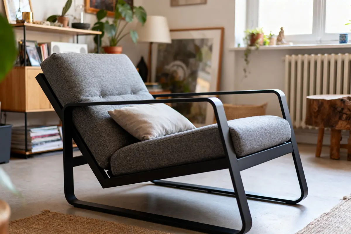 Chaise moderne grise avec coussin, dans un salon bien décoré, lumière naturelle, ambiance chaleureuse et invitante.