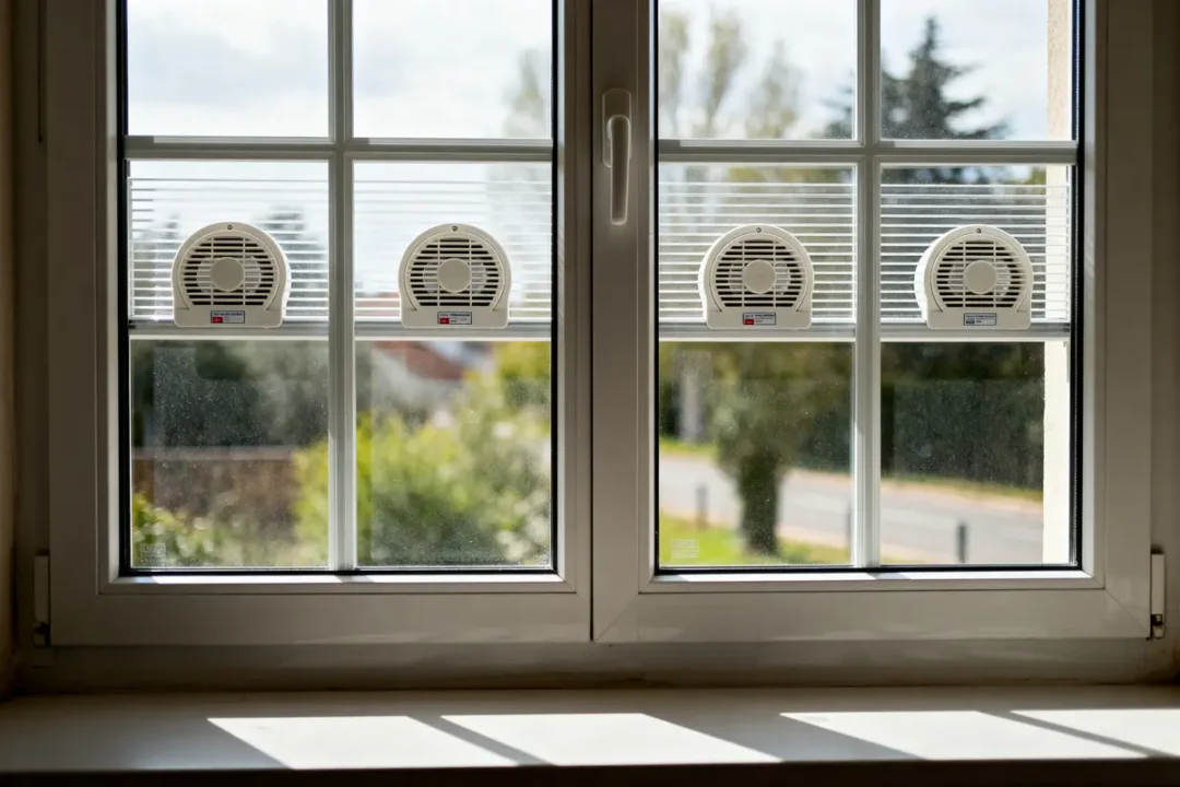 Fenêtre PVC aération avec quatre grilles de ventilation sur double vitrage lumineux.