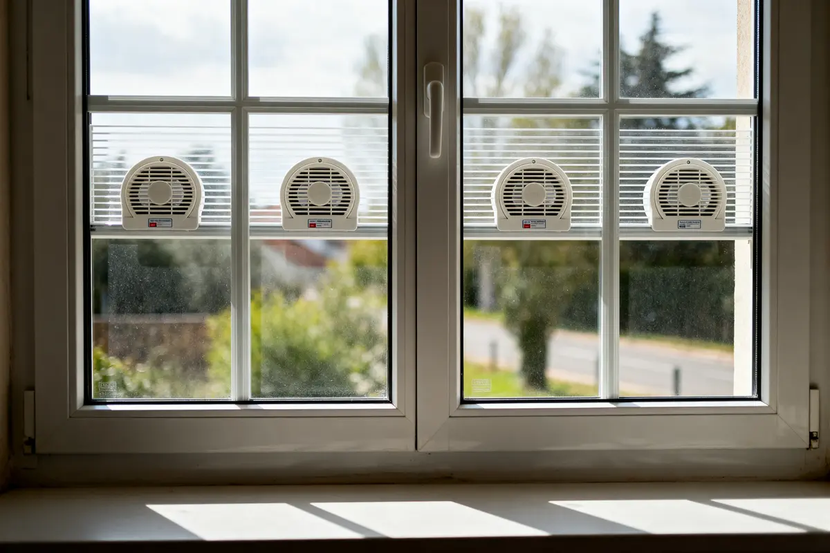 Fenêtre PVC aération avec quatre grilles de ventilation sur double vitrage lumineux.