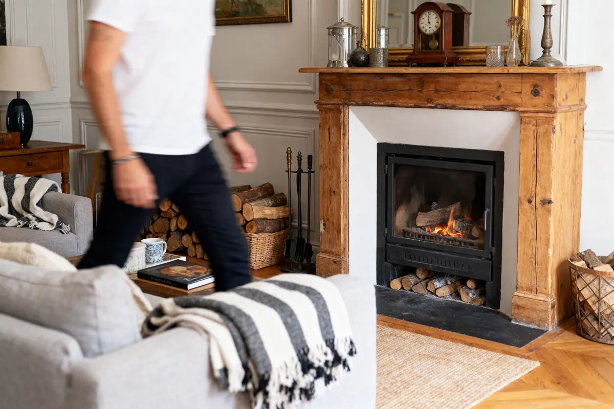 Homme marchant devant cheminée allumée dans salon confortable avec mobilier et décorations rustiques.