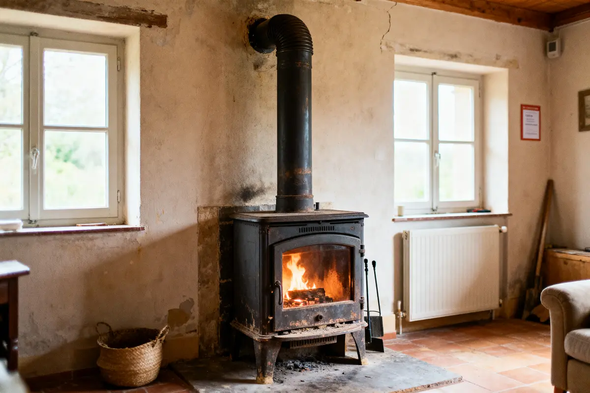 Salon rustique avec insert cheminée ancienne et poêle à bois, murs en pierre apparente