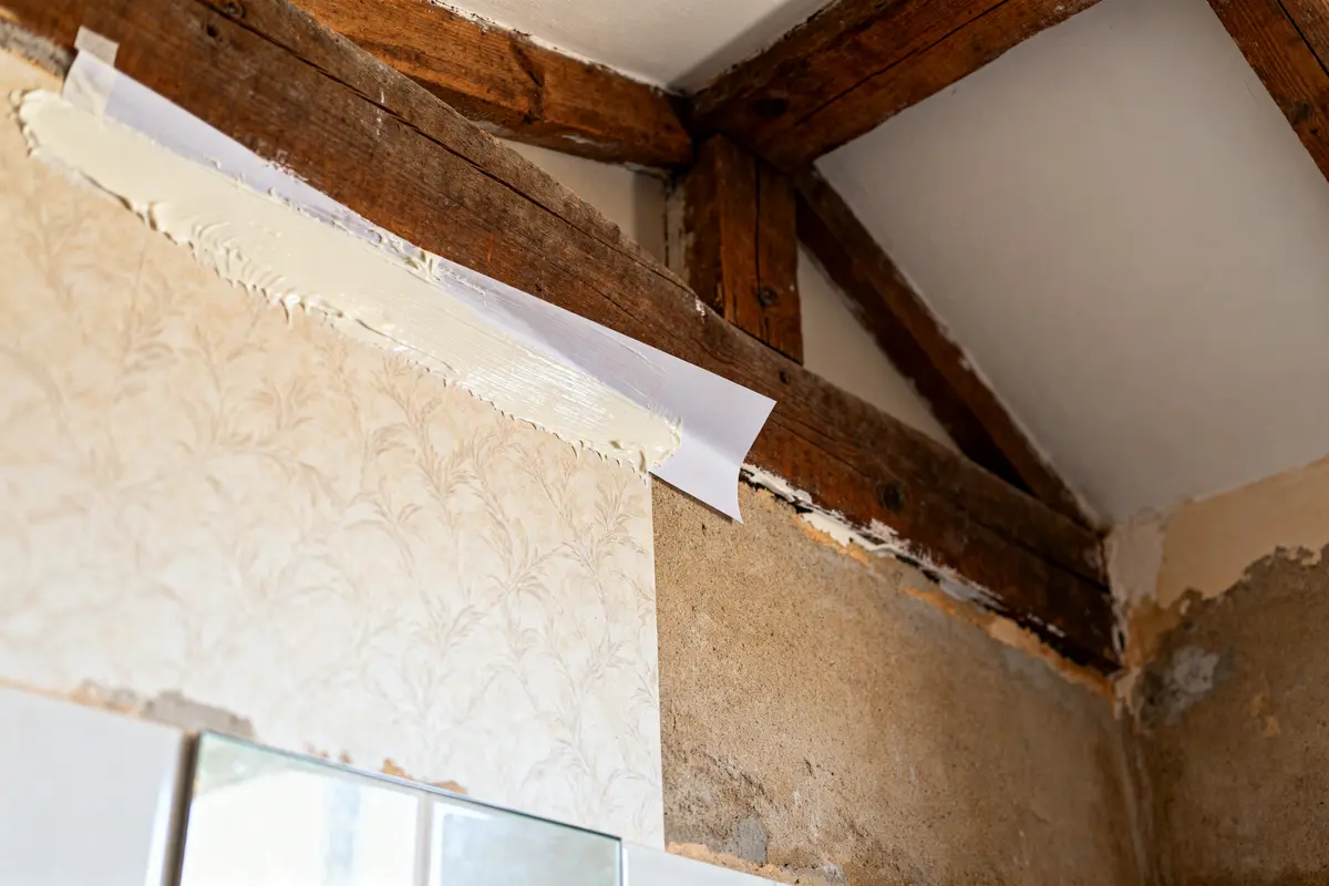 Rénovation avec intisse papier peint appliqué sur mur sous poutres en bois apparentes