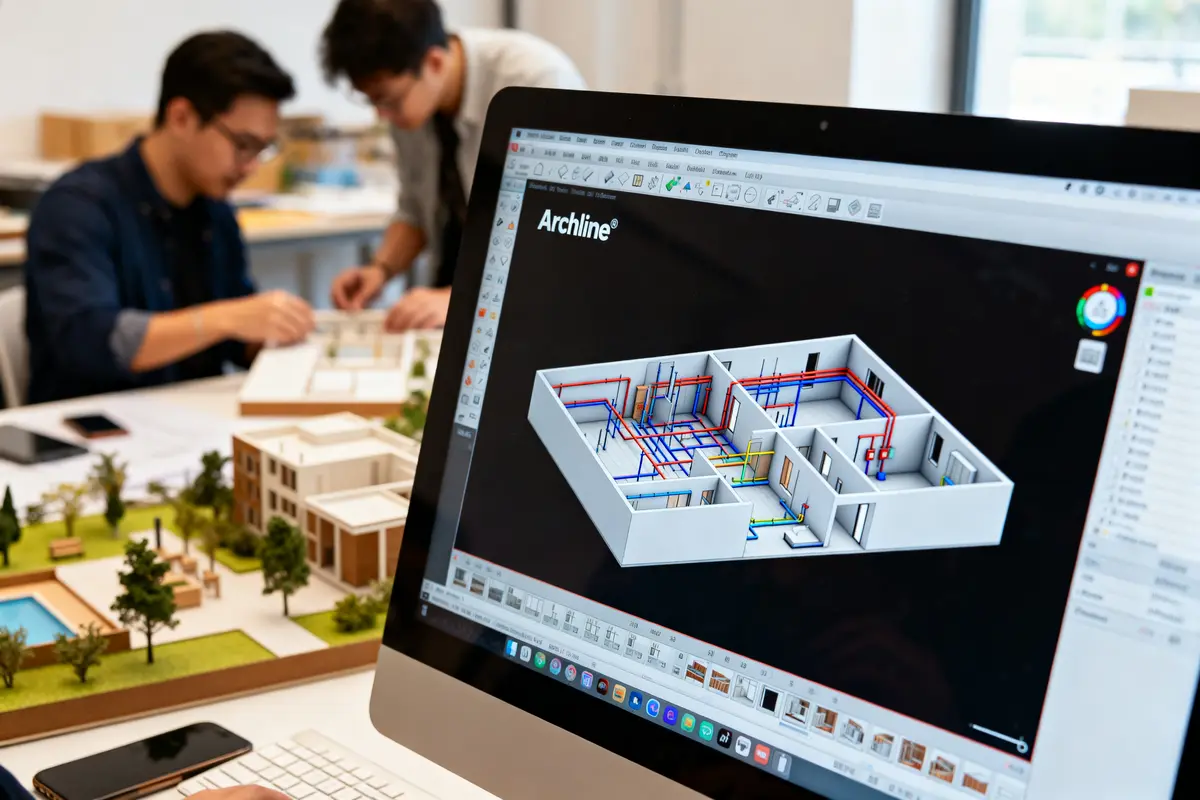 Plan 3D sur l'écran d'un ordinateur utilisant le logiciel Archline en architecture