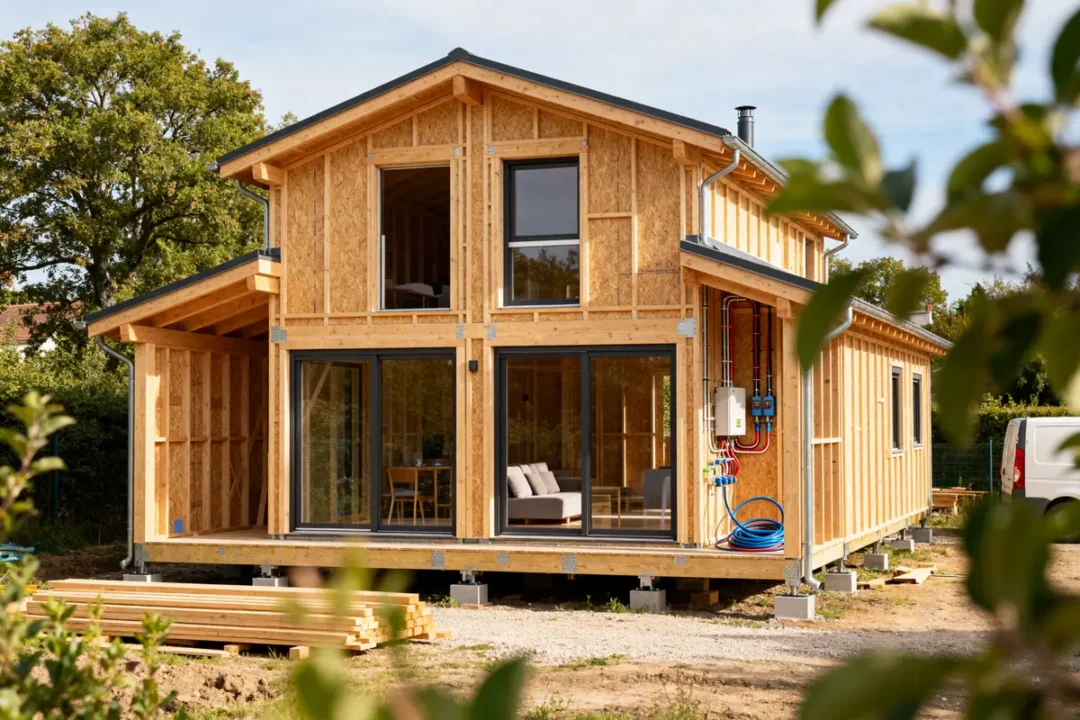 Construction d'une maison clé en main en bois avec grandes baies vitrées et veranda ouverte