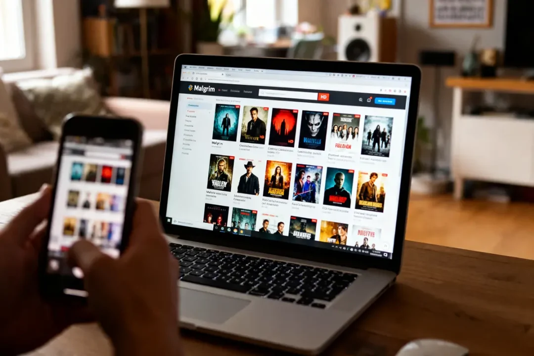 Personne utilisant un smartphone et un ordinateur portable pour naviguer sur un site de films en streaming.