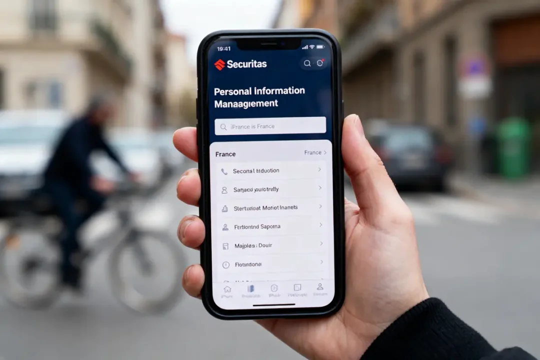 Une main tient un smartphone affichant une application de gestion d'informations personnelles, fond urbain flou.