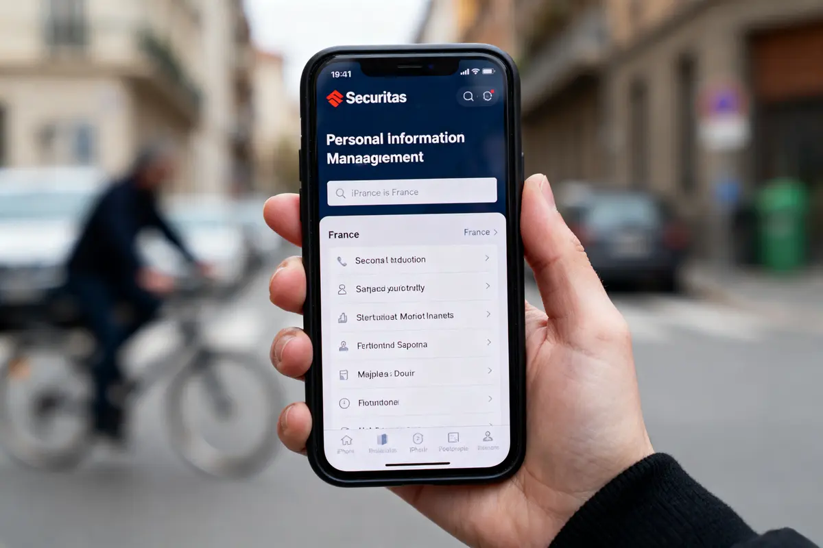 Une main tient un smartphone affichant une application de gestion d'informations personnelles, fond urbain flou.