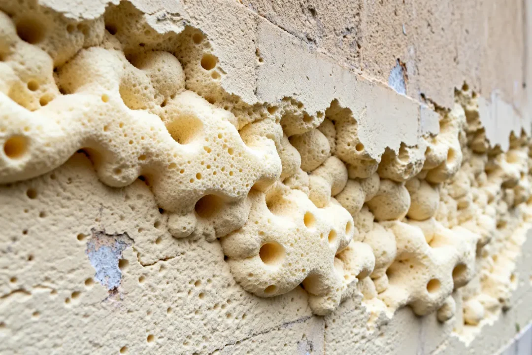 Mousse polyuréthane projetée isolante appliquée sur mur en béton pour isolation thermique efficace