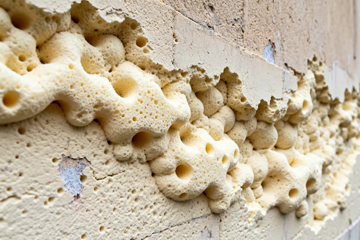 Mousse polyuréthane projetée isolante appliquée sur mur en béton pour isolation thermique efficace