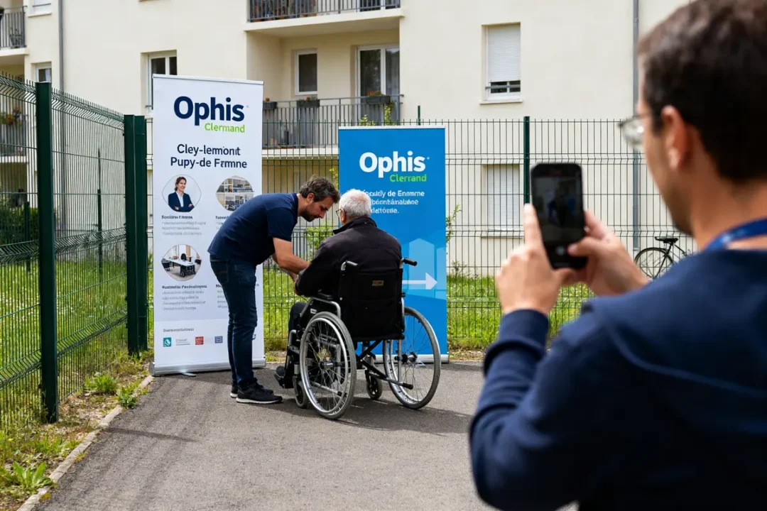 Homme aidant une personne en fauteuil roulant devant panneaux Ophis Clermont Ferrand