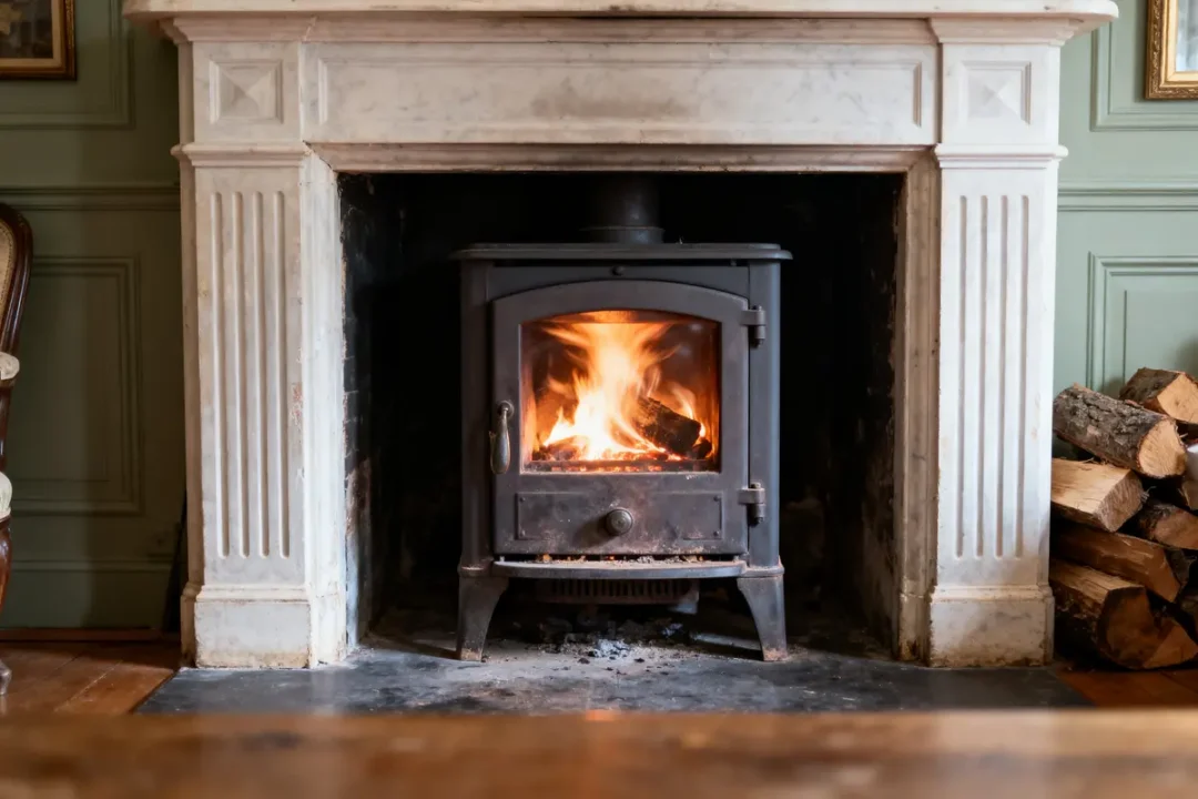Poêle à bois allumé dans cheminée en marbre, bois empilé à droite. Ambiance chaleureuse et rustique.