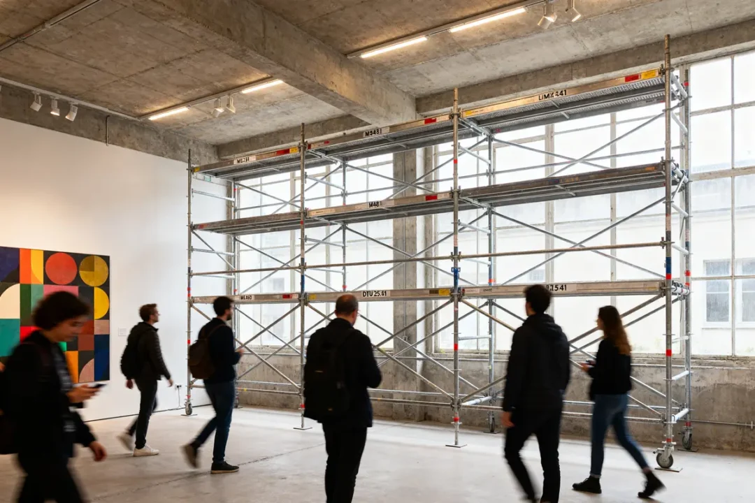 Échafaudage dans une galerie sous plafond autoportant m48 avec portée maximum éclairée par spot.