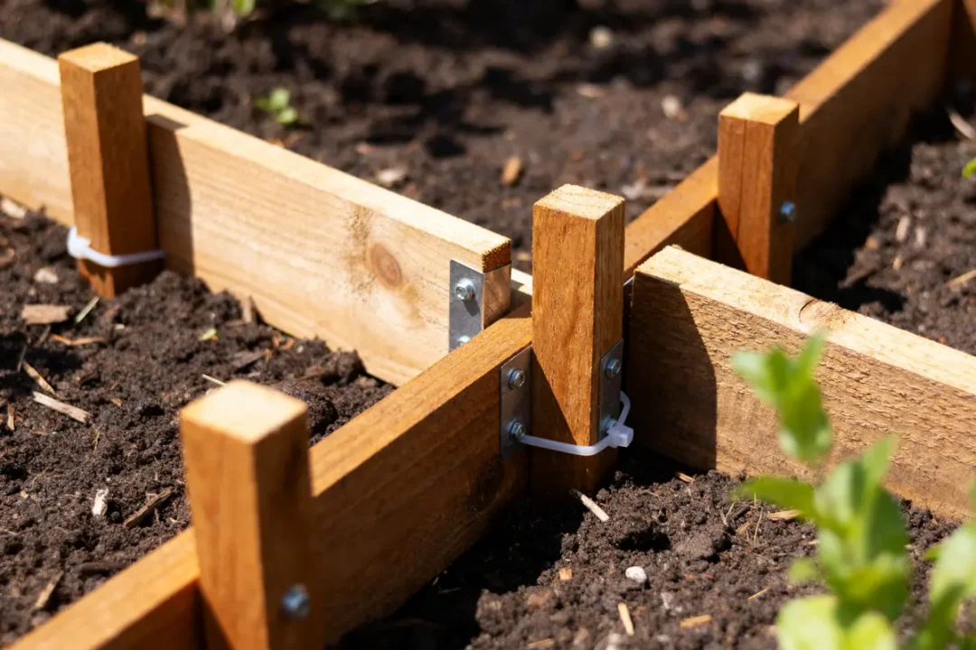Structure en bois pour cadre de jardin, assemblée dans un sol fertile et ensoleillé.