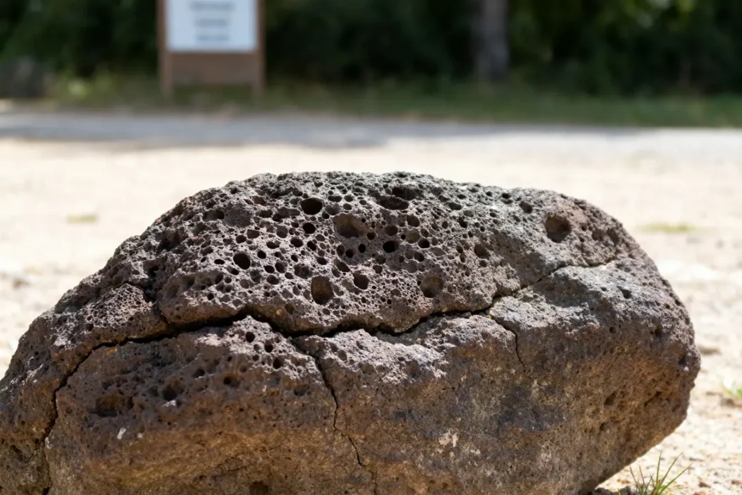 Gros plan sur une roche volcanique poreuse de pouzzolane en extérieur ensoleillé