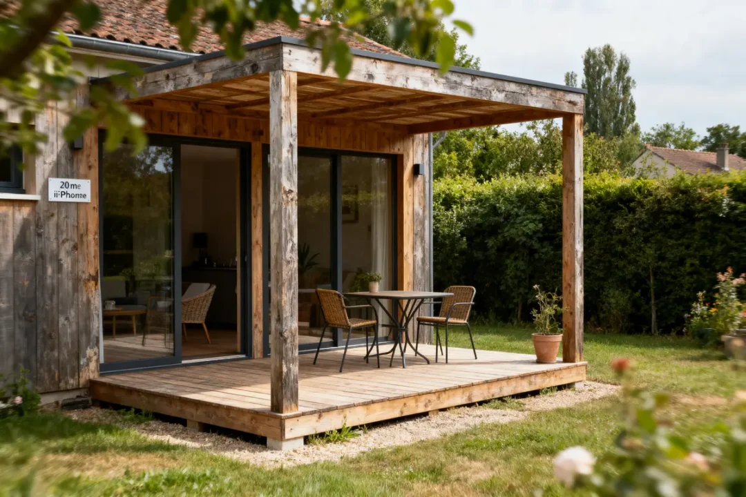 Petite terrasse en bois avec tables et chaises en rotin, maison et jardin verdoyant en arrière-plan.