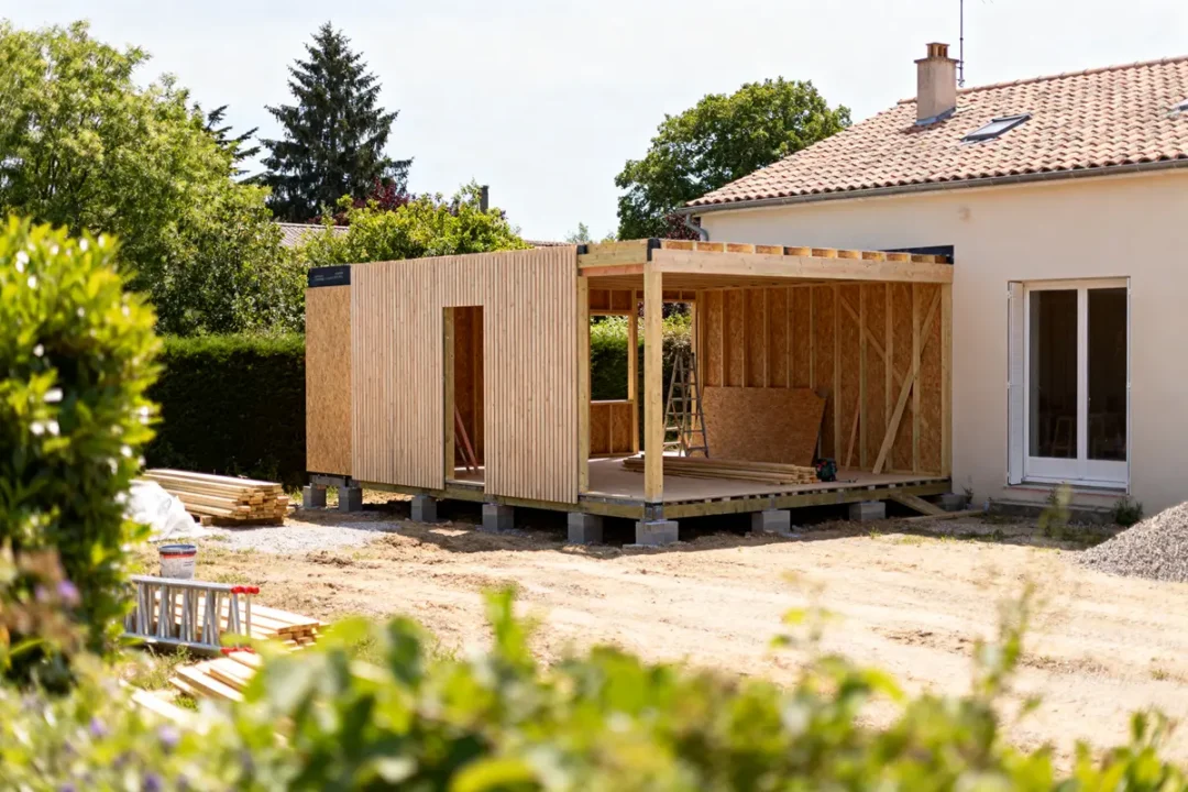 Extension maison en construction en bois 20m2 prix abordable dans quartier résidentiel verdoyant