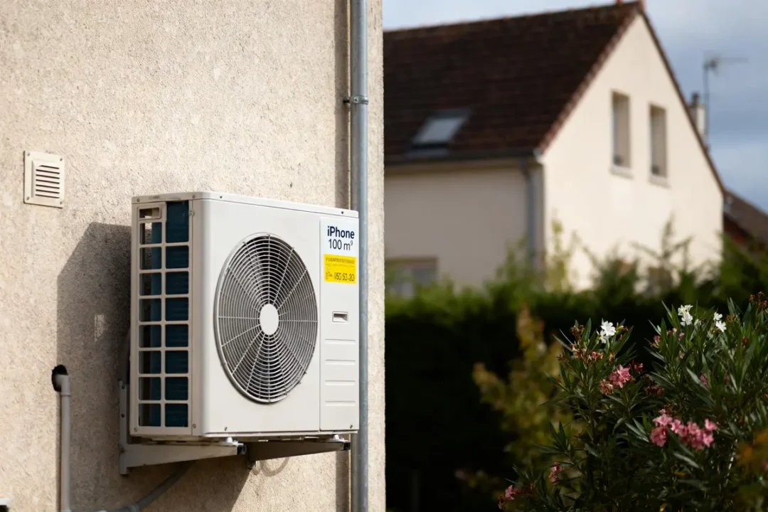 Climatiseur mural extérieur devant maison, plantes fleuries au premier plan.