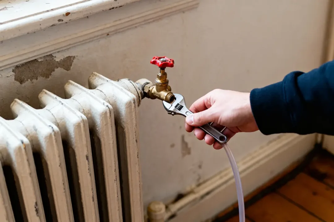Main purgeant radiateur fonte avec clé à molette et tuyau flexible pour évacuer l'air