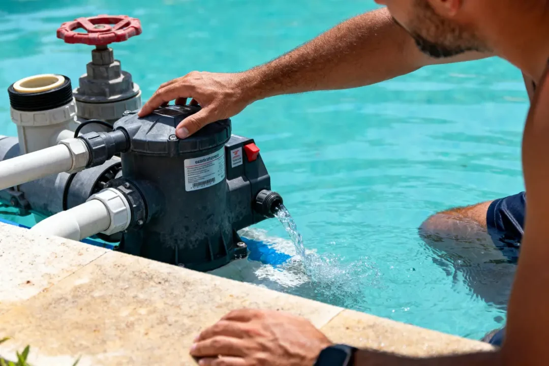 Un homme ajuste le filtre d'une piscine, l'eau coule du dispositif noir.
