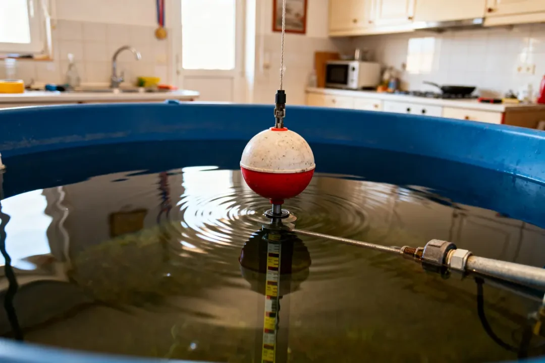 Grand bassin bleu avec flotteur rouge dans cuisine, mitigeur visible, micro-ondes en arrière-plan.