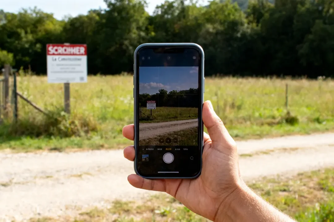 Une main photographie un panneau schaucher dans un champ ensoleillé avec son smartphone