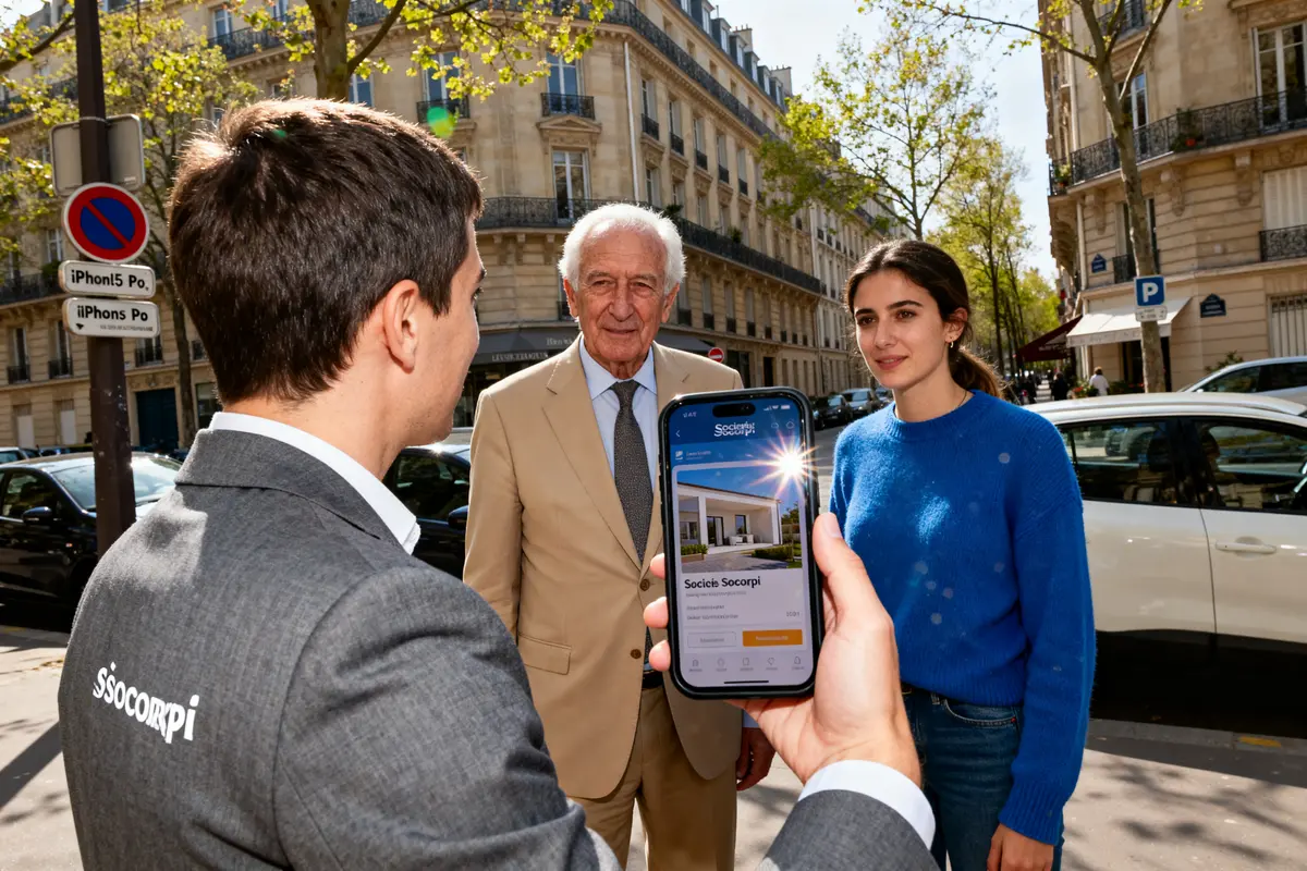 Trois personnes discutent dans la rue avec un smartphone affichant l'application Socorpi