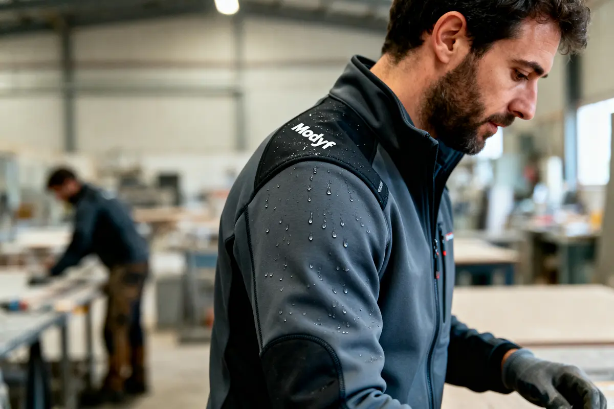 Homme travaillant dans un atelier, veste imperméable avec gouttes d'eau, environnement industriel flou.