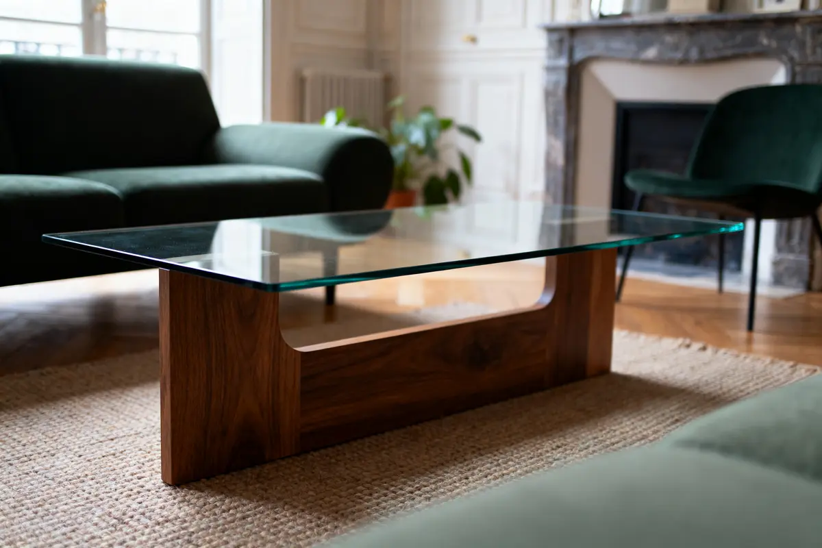 Table basse en verre avec support en bois, entourée de canapés verts dans un salon élégant.