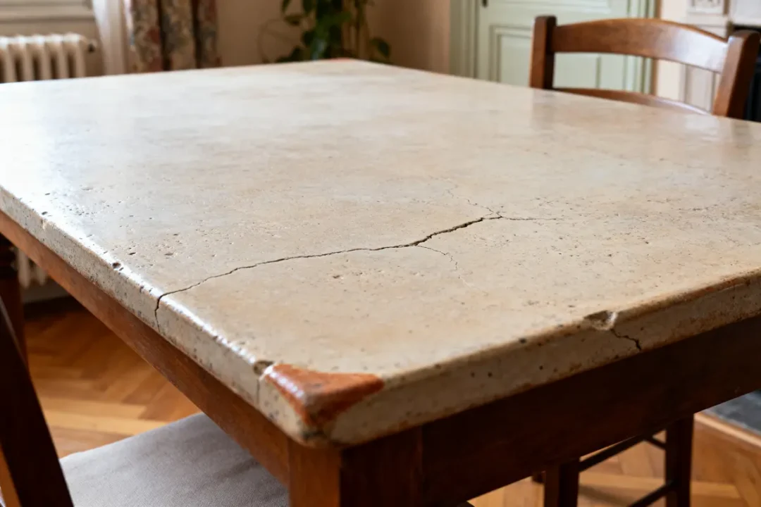 Table céramique endommagée montrant un inconvénient avec fissures et bords ébréchés